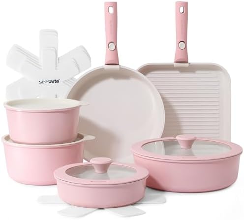 SENSARTE 17 Piece Ceramic Detachable Handle Pots and Pans Set Pink by SENSARTE