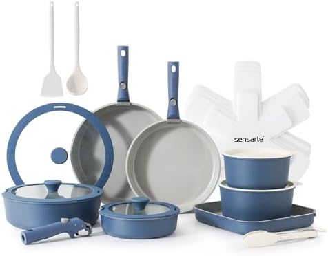 SENSARTE 24 Piece Ceramic Detachable Handle Pots and Pans Set Navy by SENSARTE
