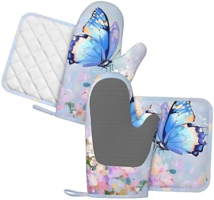 Oven Mitts Pot Holders Set Butterfly Flower Oil Painting Silicone Kitchen - Image 2