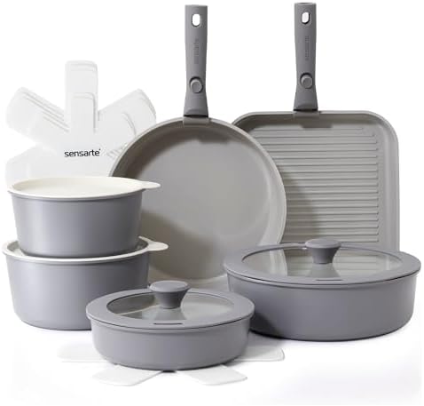 SENSARTE 17 Piece Ceramic Detachable Handle Pots and Pans Set Gray by SENSARTE