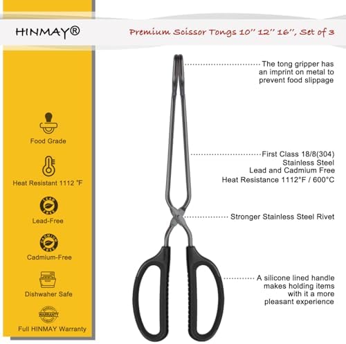 HINMAY 10" 12" 16" Stainless Steel Kitchen Scissor Tongs Set - Image 2