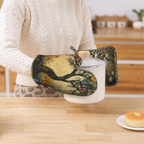 Oven Mitts Pot Holders Set Whimsical Flower Tree Silicone Kitchen Gloves - Image 7