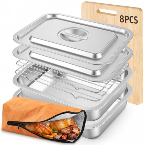 Hushee 8 Pcs Grill Prep and Serve Trays, Stainless Steel BBQ Set by Hushee