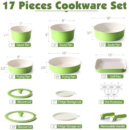 SENSARTE 17 Piece Ceramic Detachable Handle Pots and Pans Set Green - Image 2