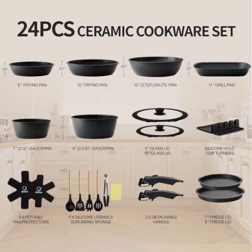 BECIGAR 24pcs Ceramic Pots and Pans Set, Nonstick Detachable Handle Cookware - Image 2