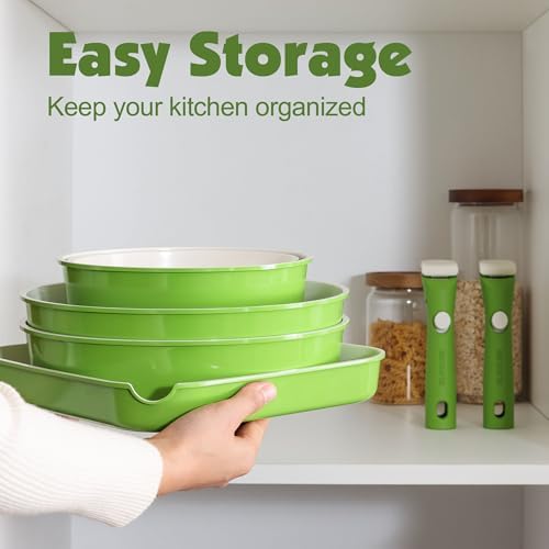 SENSARTE 17 Piece Ceramic Detachable Handle Pots and Pans Set Green - Image 3