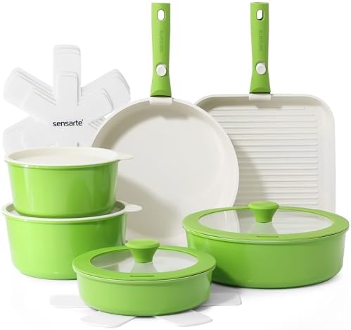 SENSARTE 17 Piece Ceramic Detachable Handle Pots and Pans Set Green by SENSARTE