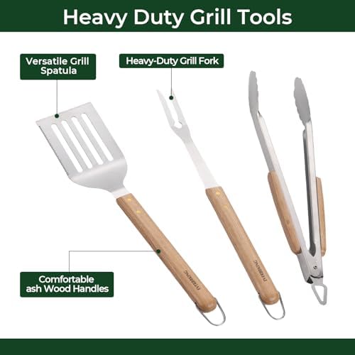 3Pc Wooden BBQ Tool Set, Heavy Duty Spatula, Fork & Tongs - Image 2