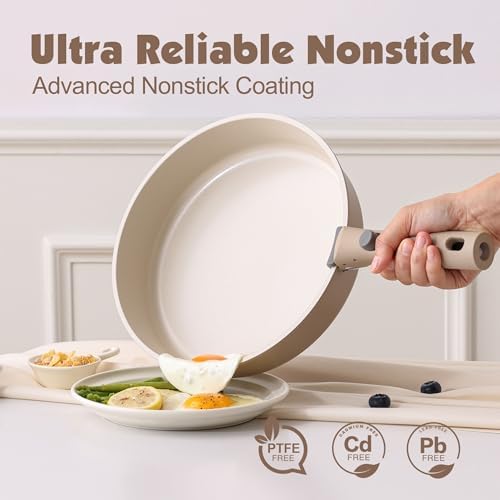 SENSARTE 17 Piece Ceramic Detachable Handle Pots and Pans Set Almond Beige - Image 4