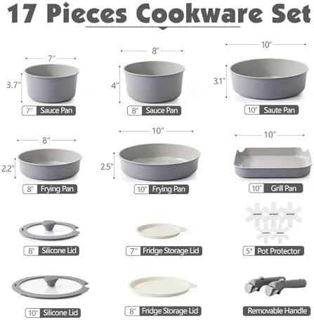 SENSARTE 17 Piece Ceramic Detachable Handle Pots and Pans Set Gray - Image 2