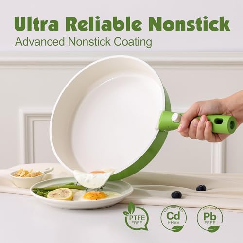 SENSARTE 17 Piece Ceramic Detachable Handle Pots and Pans Set Green - Image 4