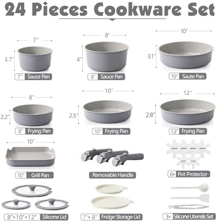 SENSARTE 24 Piece Ceramic Detachable Handle Pots and Pans Set Gray - Image 2