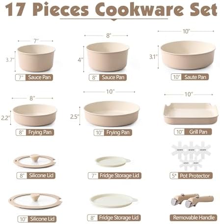 SENSARTE 17 Piece Ceramic Detachable Handle Pots and Pans Set Almond Beige - Image 2