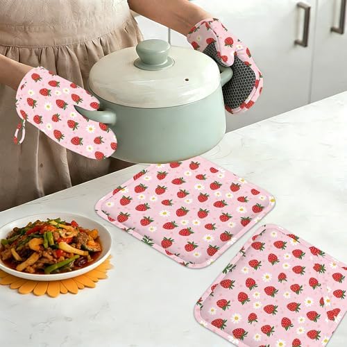 Strawberry Groovy Floral Oven Mitts and Pot Holders Set of 4, Kitchen Glove - Image 7
