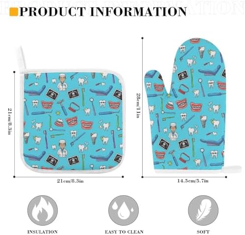 2 Pcs Kitchen Gloves Hot Pad Teeth Dental Blue Farmhouse Pot Holder Oven Mitts - Image 2