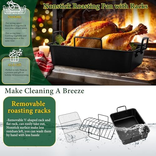 E-far Roasting Pan with Racks, Small Stainless Steel Turkey Roaster with - Image 7