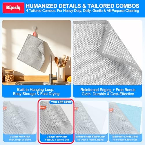 Non-Scratch Silver Mesh Dish Cloths, 12+1 Pack 2-Layer Metallic Fiber Cleaning - Image 5