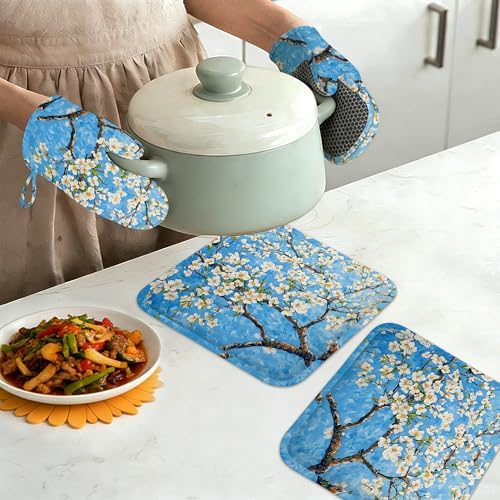 Almond Blossom Oven Mitts and Pot Holders Set of 4, Heat Resistant Non Slip - Image 7