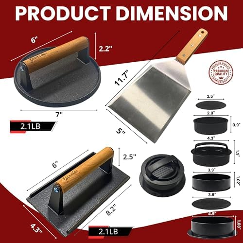 Gamalou® Smashed Burger Press BBQ Kit: 7" Black Round & 8.2x4.3 Rectangle Cast - Image 2