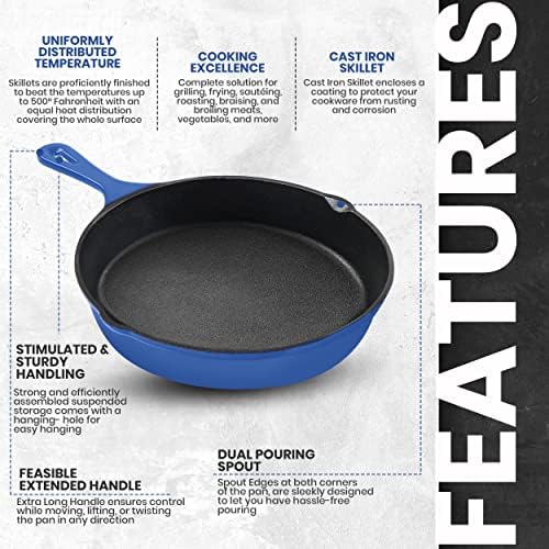 Utopia Kitchen Cast Iron Skillet Set 3 Piece 6 8 10 Inch PFAS-Free Blue - Image 4