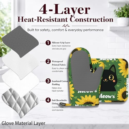 Black Cat Oven Mitts and Pot Holders Sets Cartoon Sunflower Silicone Heat - Image 4