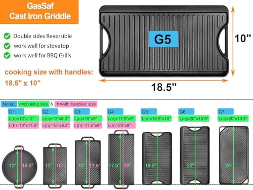 GasSaf Reversible Cast Iron Griddle, 18.5 x 10 Inch Double Sided Cooking Surface - Image 2
