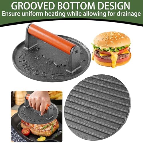 Cast Iron Burger Press, 7.2 inch Round, Wood Handle - Image 3