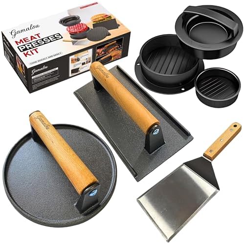 Gamalou® Smashed Burger Press BBQ Kit: 7" Black Round & 8.2x4.3 Rectangle Cast by GamalouUSA