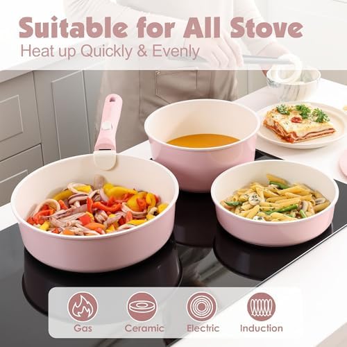 SENSARTE 24 Piece Ceramic Detachable Handle Pots and Pans Set Pink - Image 6