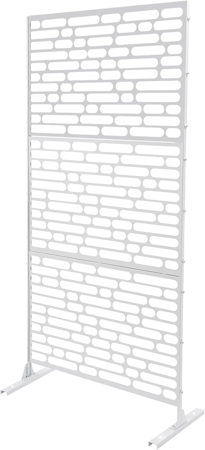 75" H×35" W Decorative Outdoor Privacy Screen with Stand, Outdoor Decor Privacy Fence Screen Metal Fence Panels, Free Standing Metal Divider for Patio Lawn Deck (White-Oval)