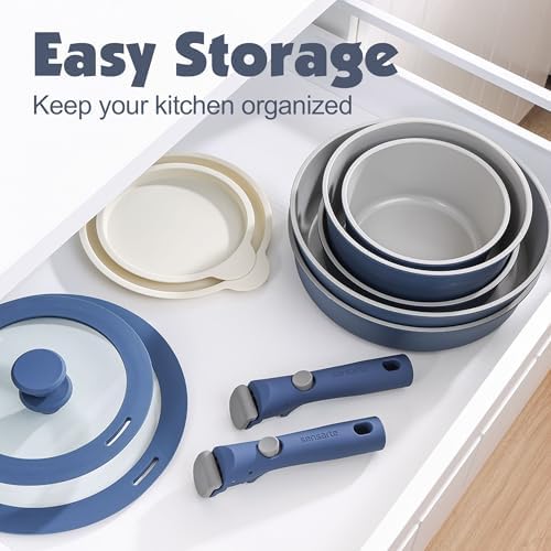 SENSARTE 24 Piece Ceramic Detachable Handle Pots and Pans Set Navy - Image 3