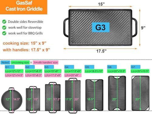 GasSaf Cast Iron Griddle 15x9 Inch, Reversible Double-Sided 2-in-1 Griddle Plate - Image 2