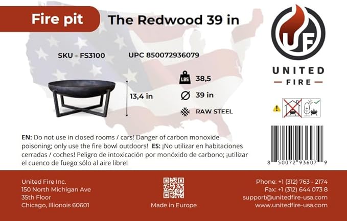 Fire Pit Redwood 39" Outdoor Fire Bowl, Steel Firepit for Patio, Backyard & Garden (39" Redwood)