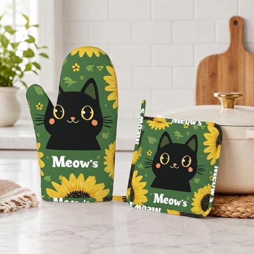 Black Cat Oven Mitts and Pot Holders Sets Cartoon Sunflower Silicone Heat - Image 5