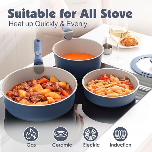 SENSARTE 17 Piece Ceramic Detachable Handle Pots and Pans Set Navy - Image 6