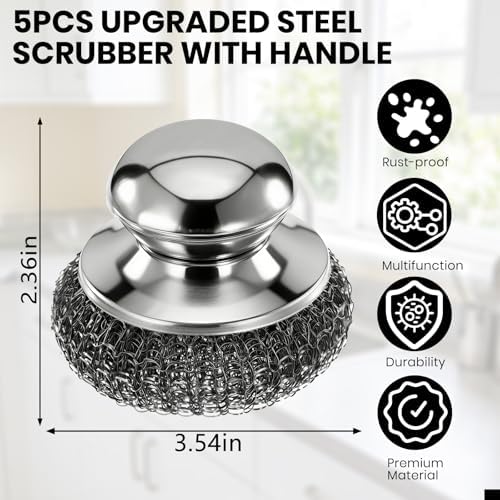Steel Wool Scrubber with Handle, Stainless Steel, 5 Pack, - Image 2