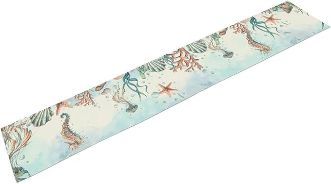 Summer Beach Table Runner, Blue Sea Coastal Nautical Turtle Jellyfish Seashell Ocean Table Runner Seasonal Holiday Home Kitchen Dining Table for Home Party Decor 13"x90"