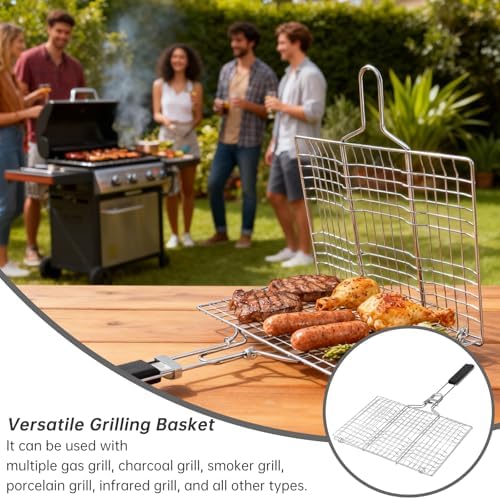 Fish Grilling Basket, Folding Portable Stainless Steel BBQ Grill Basket - Image 2