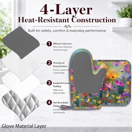 Retro Colorful Flowers Oven Mitts and Pot Holders Sets Boho Floral Non-Slip - Image 4
