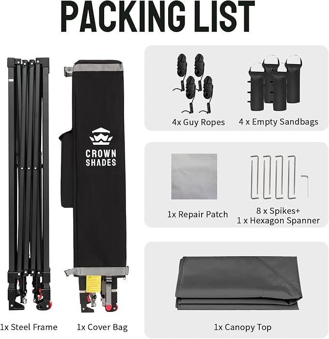 CROWN SHADES 10x10 Pop Up Canopy Tent - Patented Center Lock One Push Instant Outdoor Canopy Beach Tent with STO-N-Go Bag 8 Stakes & 4 Sand Bags,Grid Grey