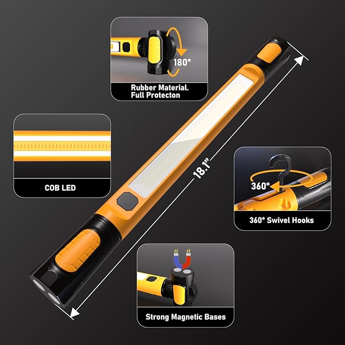 Work Light for Mechanic,3200LM LED Work Lights,5400mAh Rechargeable Magnetic Light bar,Portable Automotive Tools Underhood Light with Hooks for Car Garage Workshop Emergency,Gifts for Him, Yellow
