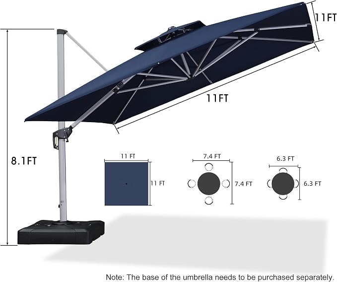 PURPLE LEAF Cantilever Outdoor Umbrella 11'x 11' Large Double Top Navy Blue | - Image 9