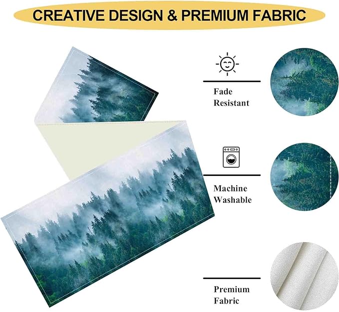 Forest Table Runner, Rustic Farmhouse Misty Pine Tree Woodland Mountain Country Coffee Table Center Decor for Home Kitchen Dining Patio Holiday Party Indoor Outdoor Table Decorations, 13"x72" Inch