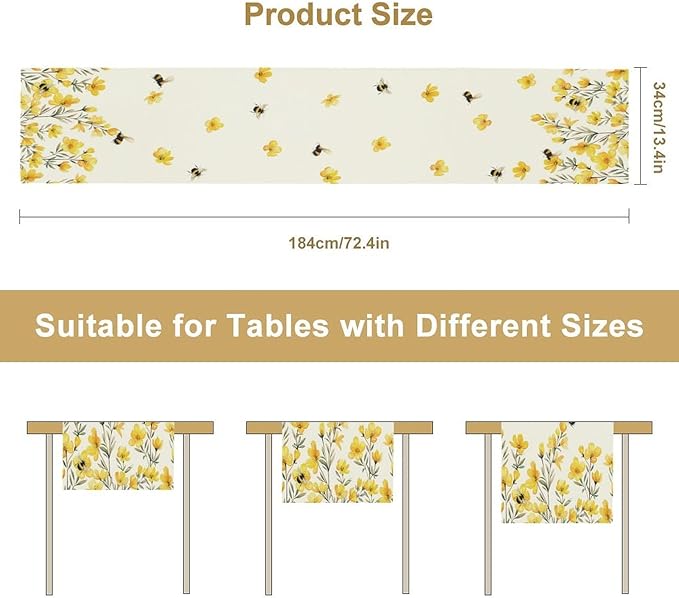 Yellow Wild Flowers Table Runner, Rustic Farmhouse Watercolor Daisy Floral Branches Bees Print Table Runner for Kitchen Dining Room Party Picnic Table Decor, 13x60inch
