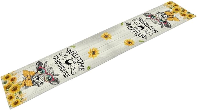 Farmhouse Cow Table Runner, Rustic Yellow Sunflower Floral Buffalo Animals Spring Coffee Farm Table Center Decor for Family Kitchen and Living Room Country Holiday Party Table Decorations, 13" X 36"