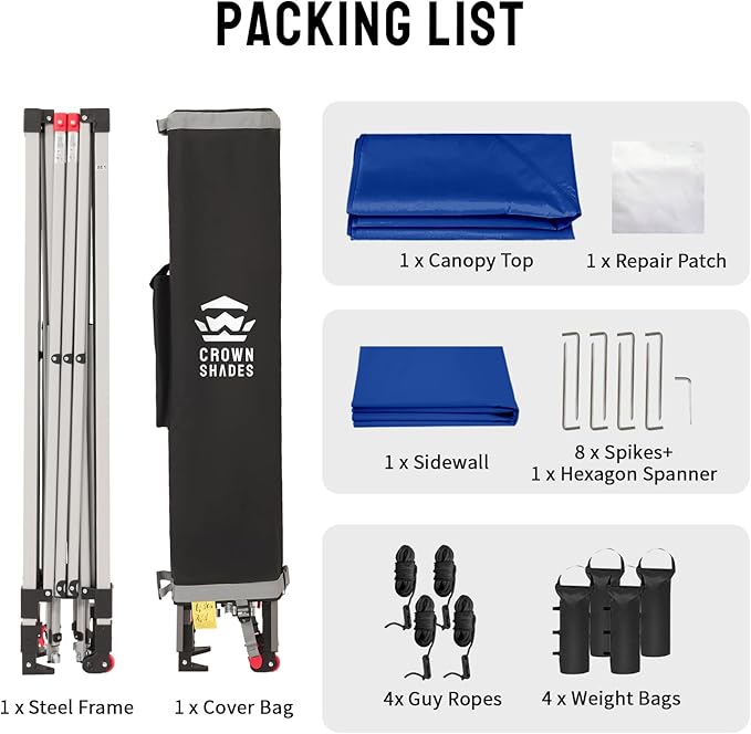 CROWN SHADES 8x8 Pop Up Canopy with 1 Side Wall - Beach Tent with One Push Setup - Outdoor Sun Shade for Events, Parties, Camping - Gazebo with STO-N-Go Cover Bag (Navy Blue)
