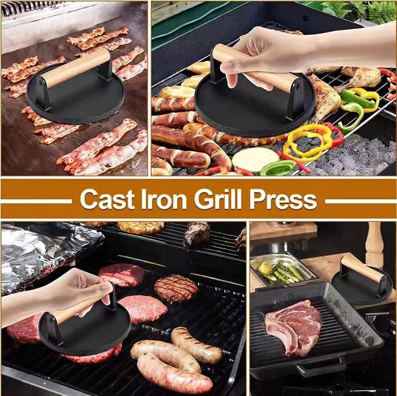 Kitchen Tools 5.7"Cast Iron Smashed Burger Press, Round Flat Edge Grill Press - Image 2