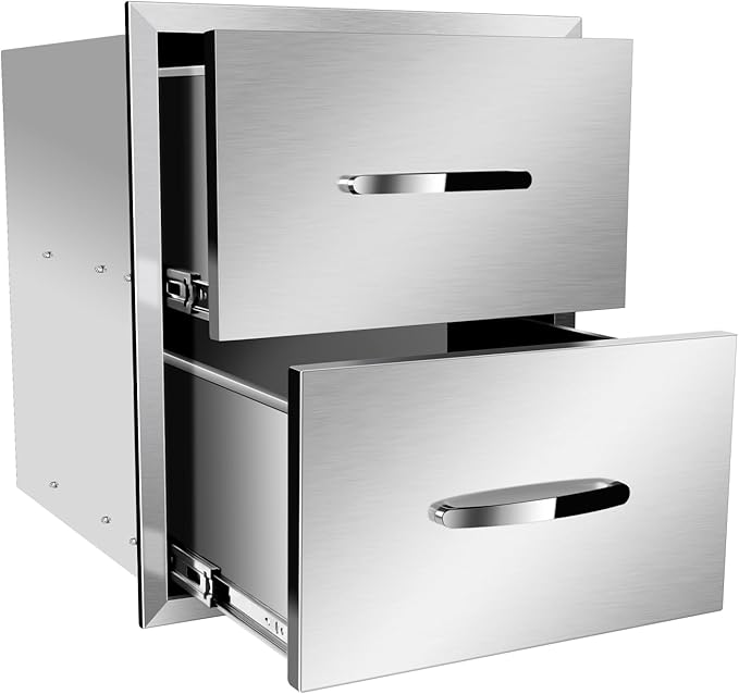 Outdoor Kitchen Stainless Steel Triple Access BBQ Drawers With Handle For BBQ Island Patio Grill Station,Double Drawers