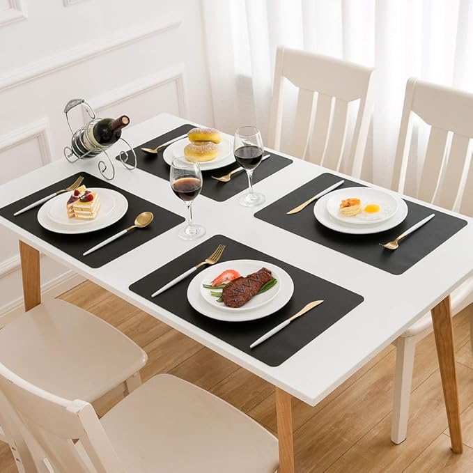 DOLOPL Placemats Set of 12, Black Wipeable Faux Leather Heat Resistant Place Mats for Kitchen Dining Room Table Decorations, Modern Waterproof Table Mats for Indoor & Outdoor Use