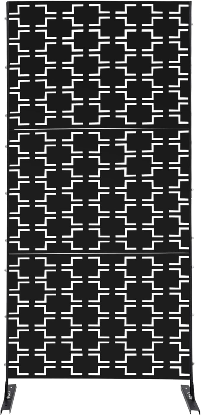 Outdoor Metal Privacy Screen with Stand, 35.4" W x 75" H Freestanding Metal Slatted Decorative Privacy Screen and Panels for Patio Garden Balcony Porch (Black Rectangular)